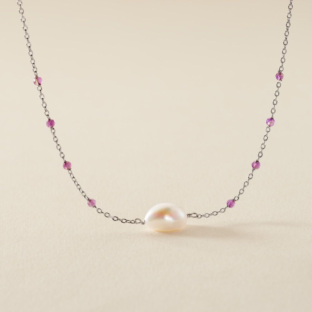 Collier Kerri Argent Blanc Perle De Culture Am&eacute;thyste - Colliers avec pierres Femme | Marc Orian