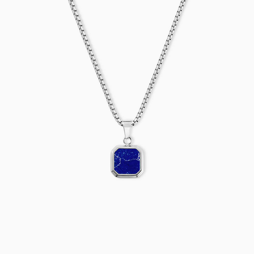 Collier Acier Inoxydable Blanc Carr&eacute; Lapis Lazuli Bleu Maille Venitienne 55Cm - Colliers avec pierres Homme | Marc Orian