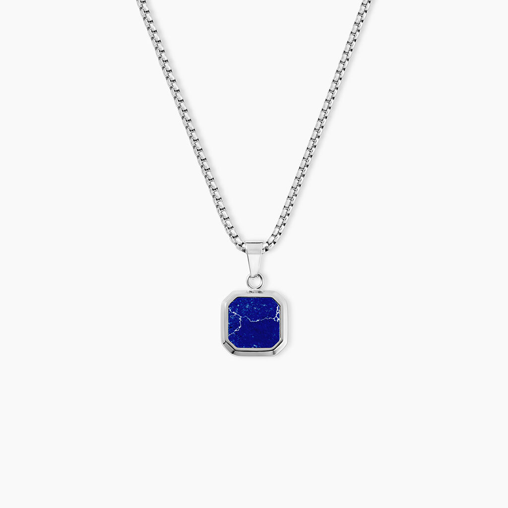 Collier Acier Inoxydable Blanc Carr&eacute; Lapis Lazuli Bleu Maille Venitienne 55Cm - Colliers avec pierres Homme | Marc Orian
