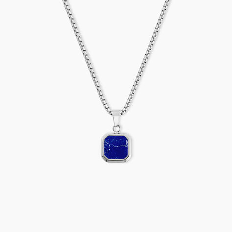 Collier Acier Inoxydable Blanc Carr&eacute; Lapis Lazuli Bleu Maille Venitienne 55Cm - Colliers avec pierres Homme | Marc Orian