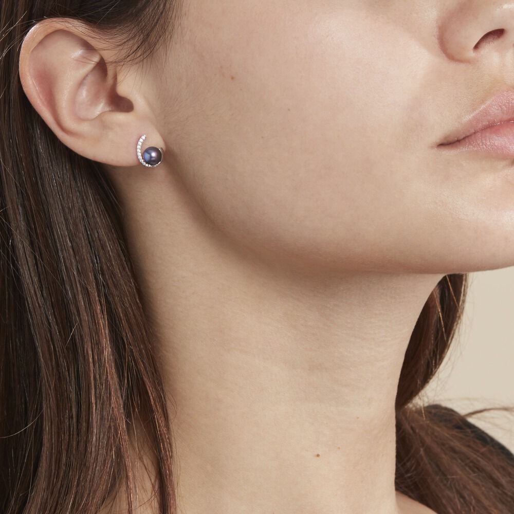 Boucles D'oreilles Puces Anais Or Blanc Perle De Culture Et Oxyde - Puces Femme | Marc Orian