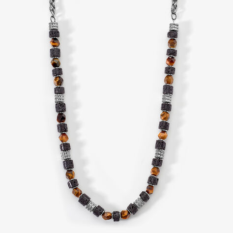 Collier Jourdan Bengale Acier Argent&eacute; Oeil De Tigre Pierre De Lave - Colliers avec pierres Homme | Marc Orian