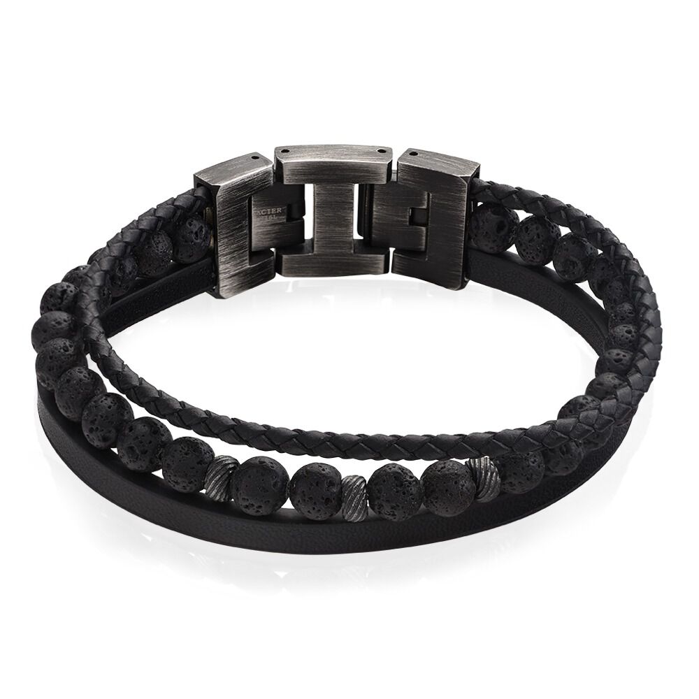 Bracelet Phebus Him Acier Vieilli Cuir Noir Pierre De Lave - Bracelets cuir Homme | Marc Orian