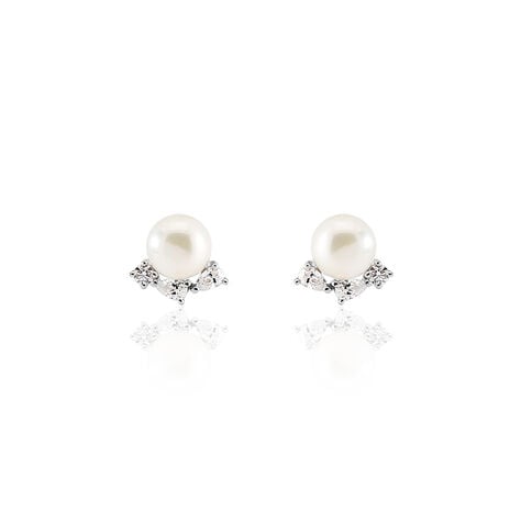Boucles D'oreilles Puces Yarie Or Blanc Perle De Culture Et Oxyde - Puces Femme | Marc Orian