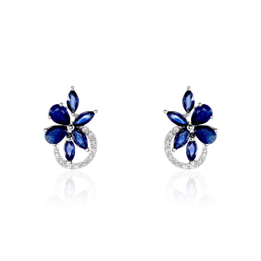 Boucles D'oreilles Puces Bouquet Or Blanc Saphir Et Diamant - Puces Femme | Marc Orian