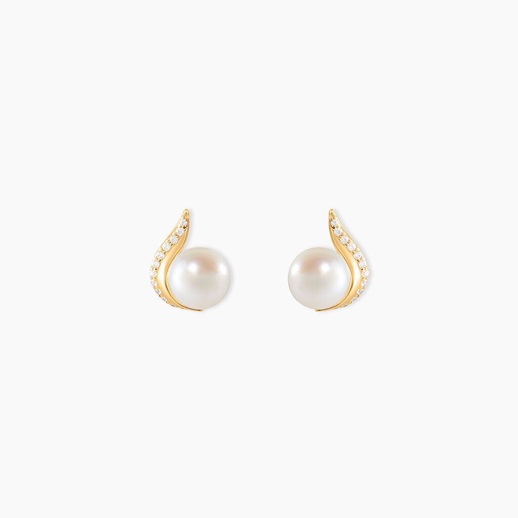 Boucles D'oreilles Puces Pearly Or Jaune Perle De Culture Et Oxyde - Boucles d'oreilles mariage Femme | Marc Orian