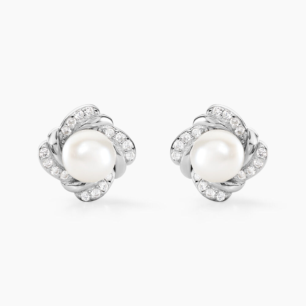 Boucles D'oreilles Puces Laetoria Argent Blanc Perle De Culture Oxyde - Puces Femme | Marc Orian