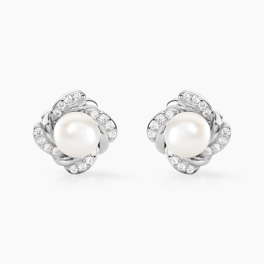 Boucles D'oreilles Puces Laetoria Argent Blanc Perle De Culture Oxyde - Puces Femme | Marc Orian