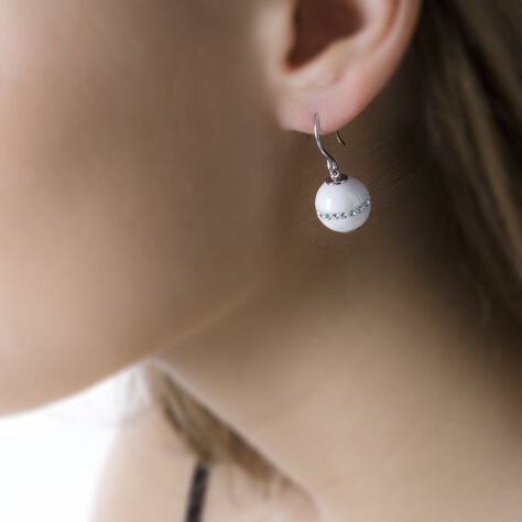 Boucles D'oreilles Pendantes Rose-blanche Argent Strass Et Céramique - Boucles d'oreilles Pendantes Femme | Marc Orian
