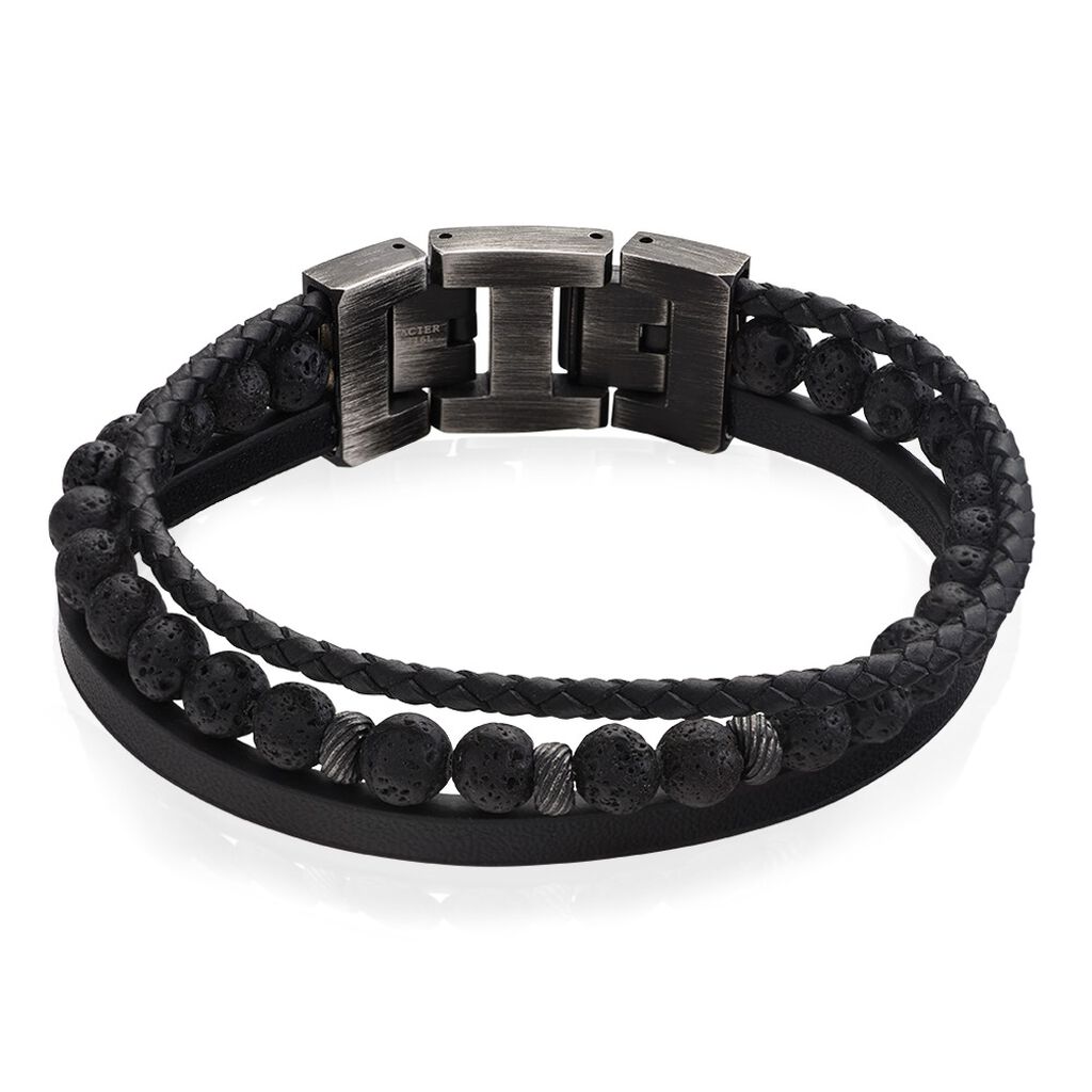 Bracelet Phebus Him Acier Vieilli Cuir Noir Pierre De Lave - Bracelets cuir Homme | Marc Orian