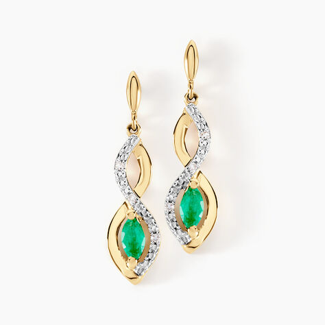Boucles D'oreilles Pendantes Ondulations Or Jaune Emeraude Diamant - Pendantes Femme | Marc Orian