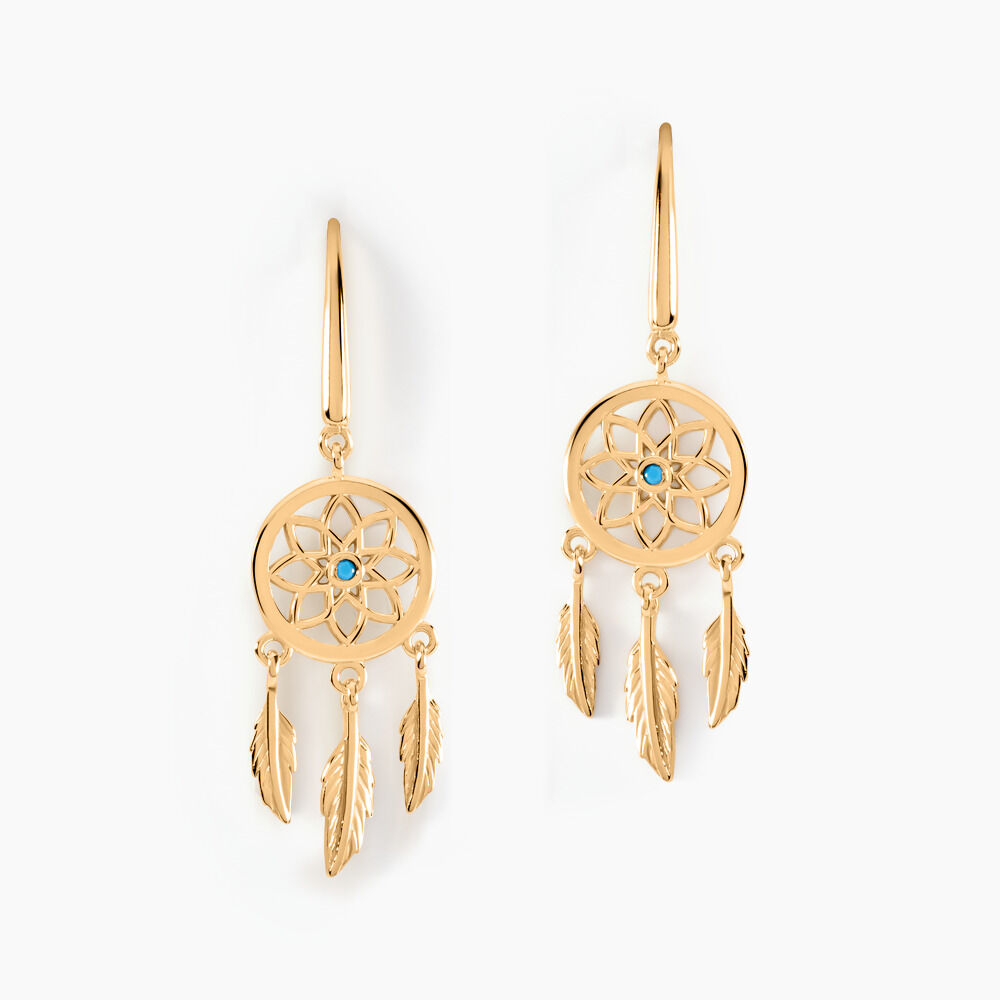 Boucles D'oreilles Plaqué Or Jaune Attrape Rêves Turquoises - Pendantes Femme | Marc Orian