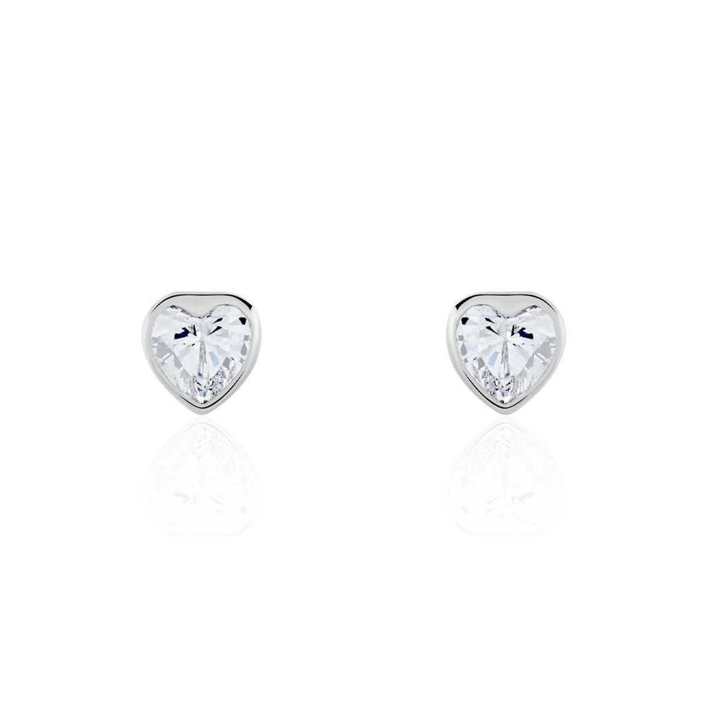 Boucles D'oreilles Puces Coeur Serti Clos Or Blanc Oxyde De Zirconium - Clous d'oreilles Femme | Marc Orian