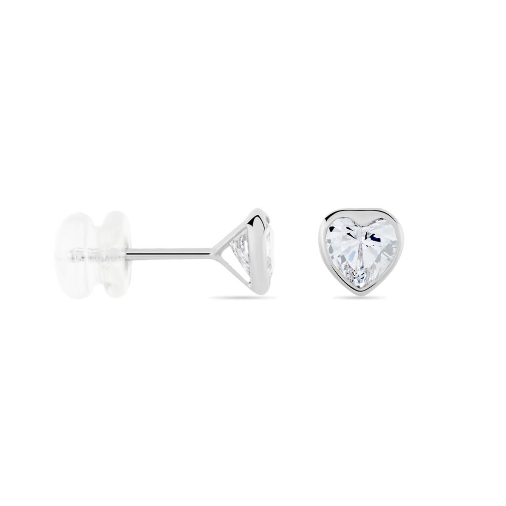 Boucles D'oreilles Puces Coeur Serti Clos Or Blanc Oxyde De Zirconium - Clous d'oreilles Femme | Marc Orian