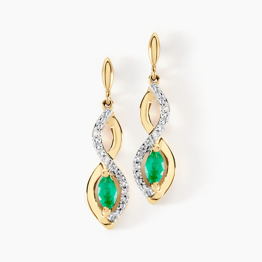Boucles D'oreilles Pendantes Ondulations Or Jaune Emeraude Diamant - Pendantes Femme | Marc Orian
