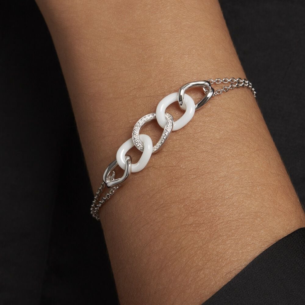 Bracelet Link Argent Blanc Céramique Et Oxyde De Zirconium - Bracelets chaînes Femme | Marc Orian