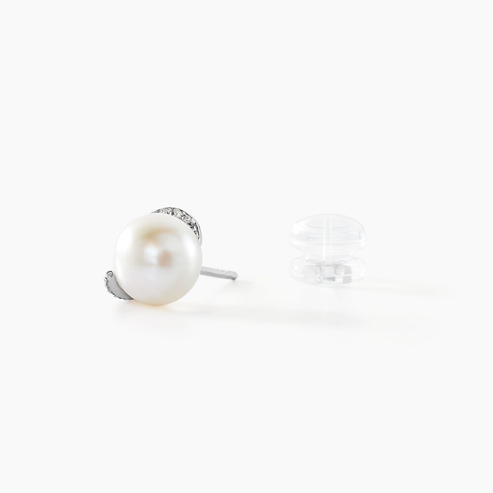 Boucles D'oreilles Puces Lucinda Or Blanc Perle De Culture Et Oxyde - Puces Femme | Marc Orian