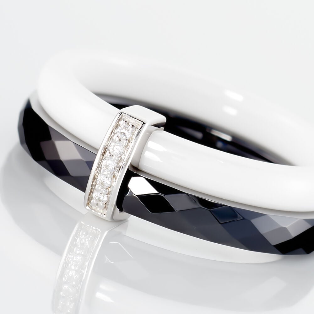 Bague Barette Bicolore Ceramique Argent Blanc Oxyde De Zirconium - Bagues avec pierre Femme | Marc Orian