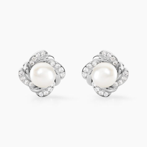 Boucles D'oreilles Puces Laetoria Argent Blanc Perle De Culture Oxyde - Puces Femme | Marc Orian