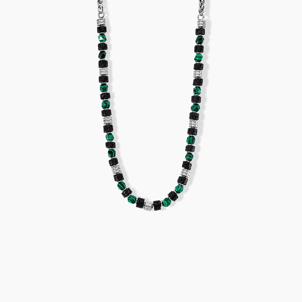 Collier Jourdan Bengale Acier Argenté Malachite Pierre De Lave - Colliers avec pierres Homme | Marc Orian