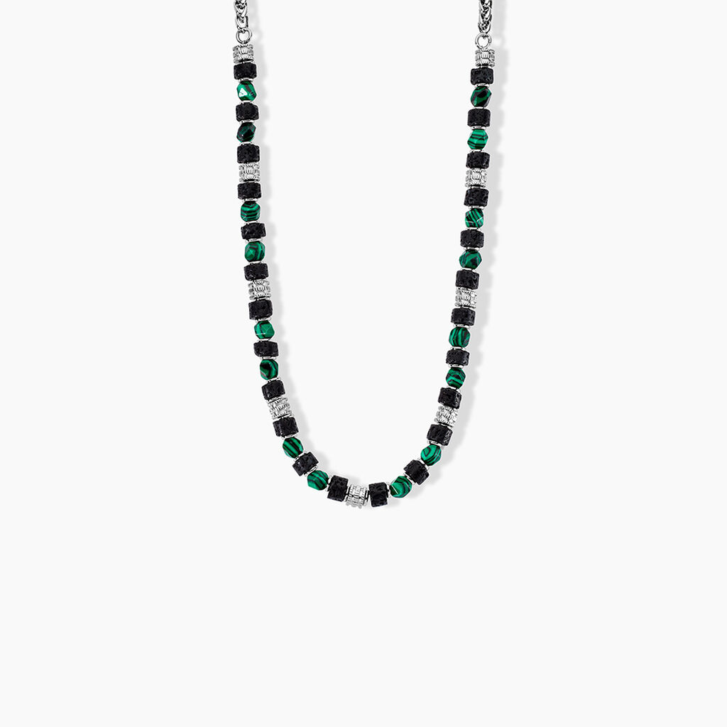 Collier Jourdan Bengale Acier Argenté Malachite Pierre De Lave - Colliers avec pierres Homme | Marc Orian
