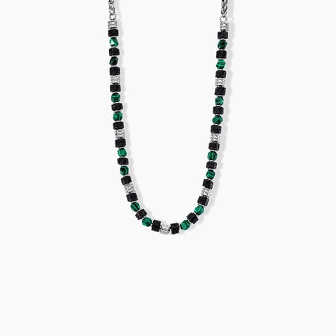 Collier Jourdan Bengale Acier Argenté Malachite Pierre De Lave - Colliers avec pierres Homme | Marc Orian