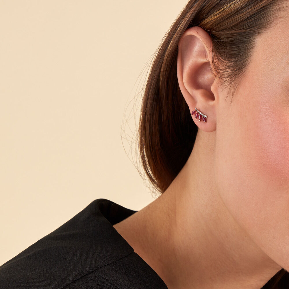 Boucles D'oreilles Puces Navette Or Jaune Rubis Diamant - Puces Femme | Marc Orian