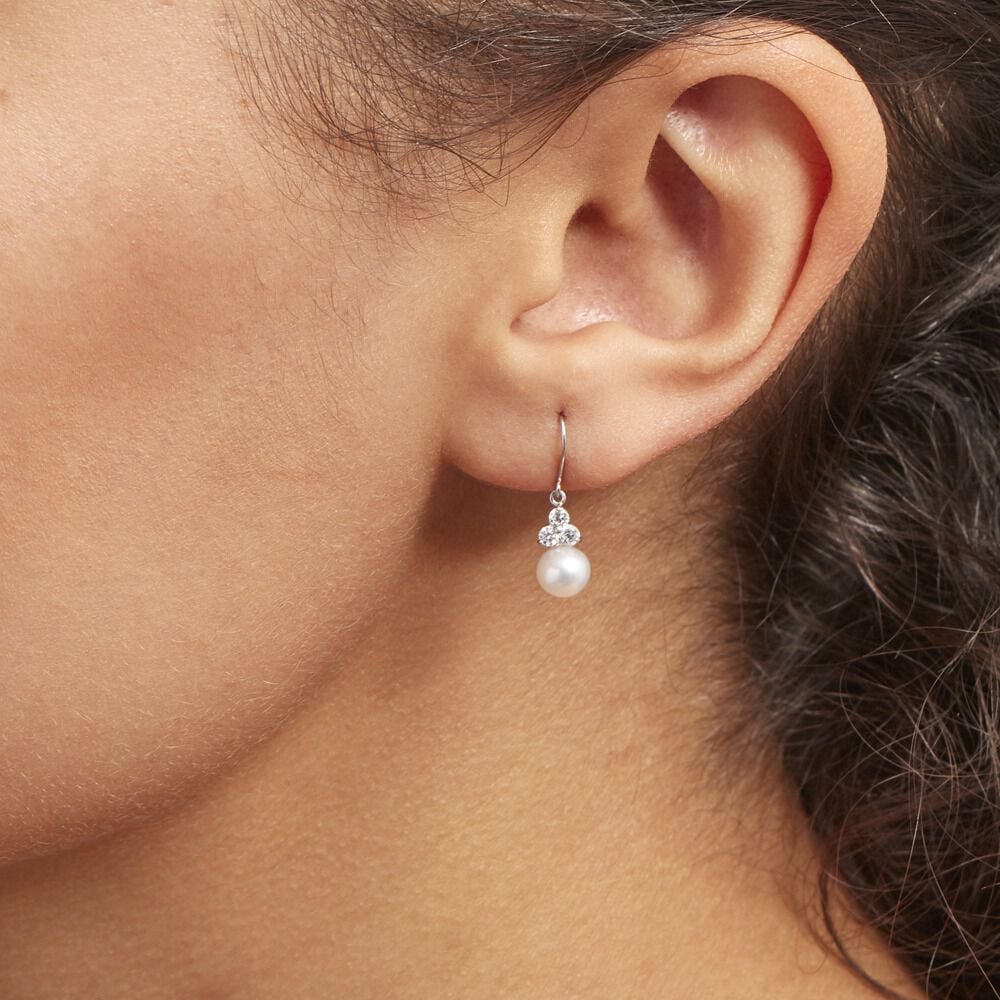 Boucles D'oreilles Pendantes Taissia Or Blanc Perle Culture Et Oxyde - Pendantes Femme | Marc Orian