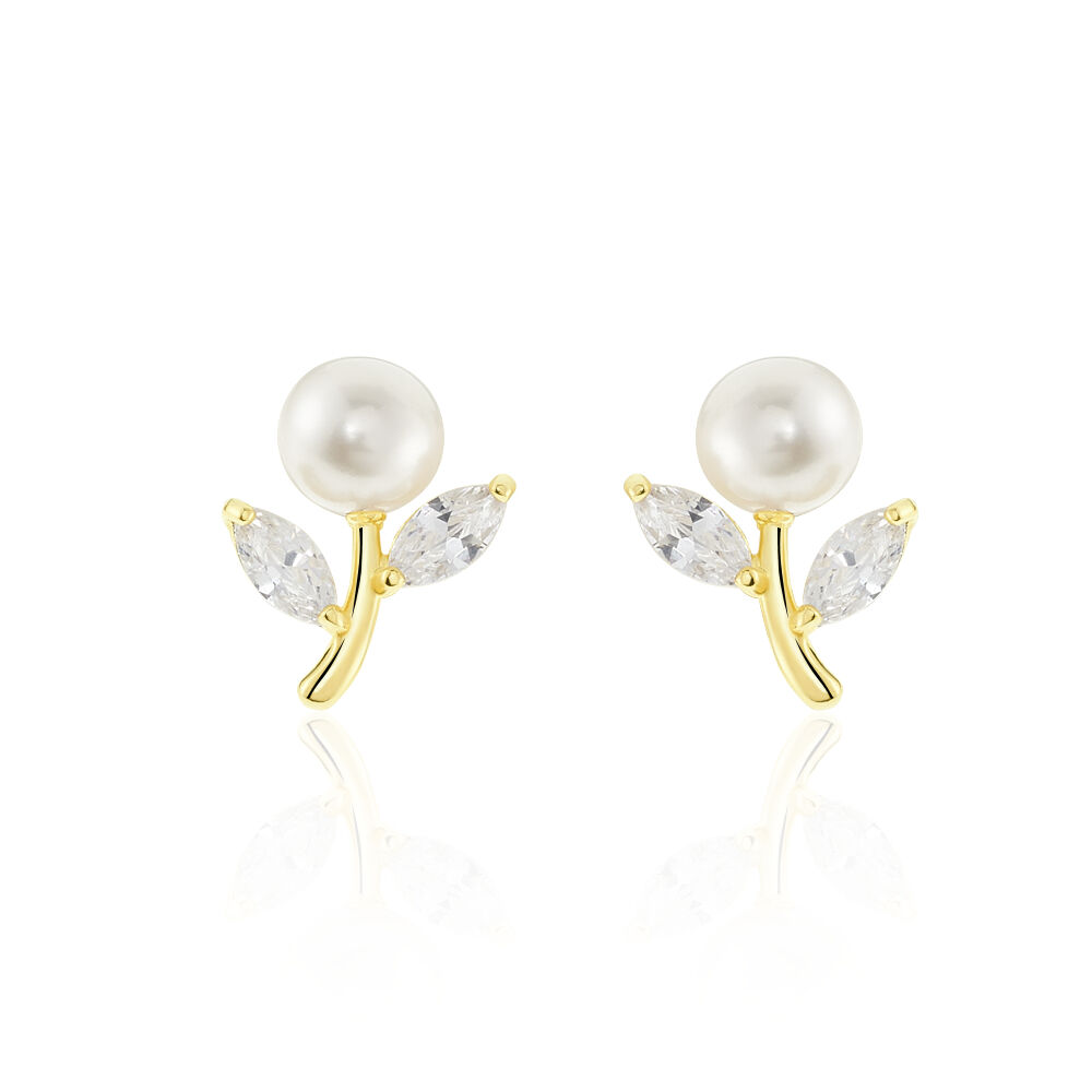 Boucles D'oreilles Puces Frigga Or Jaune Perle De Culture Et Oxyde - Puces Femme | Marc Orian