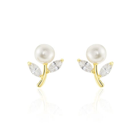Boucles D'oreilles Puces Frigga Or Jaune Perle De Culture Et Oxyde - Puces Femme | Marc Orian