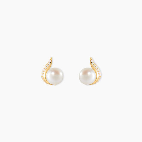 Boucles D'oreilles Puces Pearly Or Jaune Perle De Culture Et Oxyde - Boucles d'oreilles mariage Femme | Marc Orian