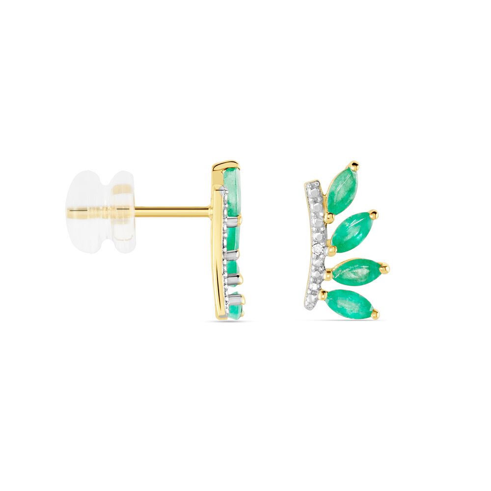 Boucles D'oreilles Puces Navette Or Jaune Emeraude Diamant -  Femme | Marc Orian