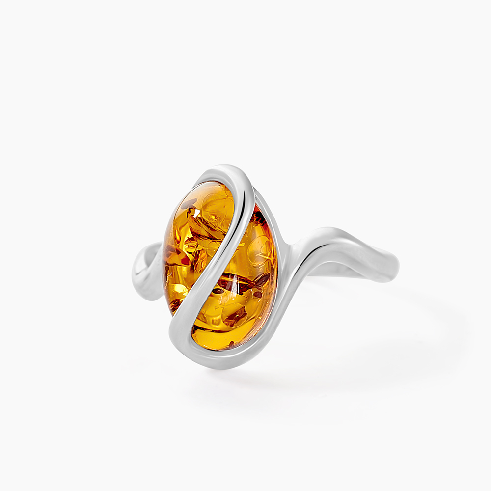 Bague Ancienne En Argent 925 Et Ambre – Taille 53 – Bijou Antique – Occasion